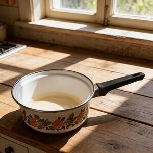Vintage Austria Email Enamel Saucepan Retro Floral White Pot 70's antique hippie
